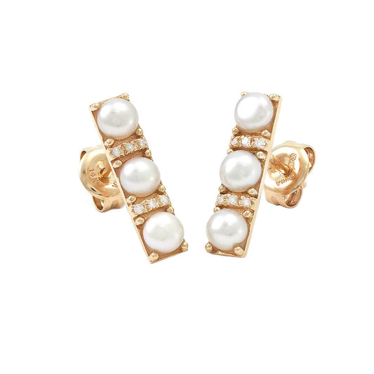 14 KT Skinny Bar Pearl +DIamond Earrings