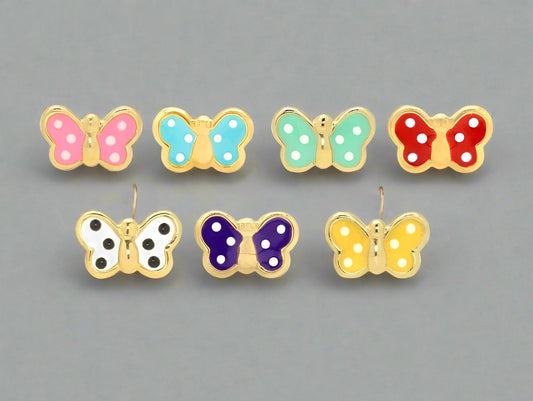 Set of colorful butterfly-shaped earrings on a white background