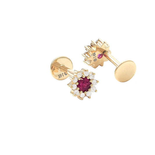 14 KT  Ruby + Diamond Nap Screw Back Earrings (Pair)
