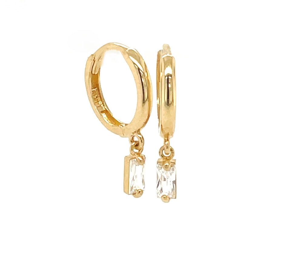 14 KT Huggie hoop with birthstone baguette dangle