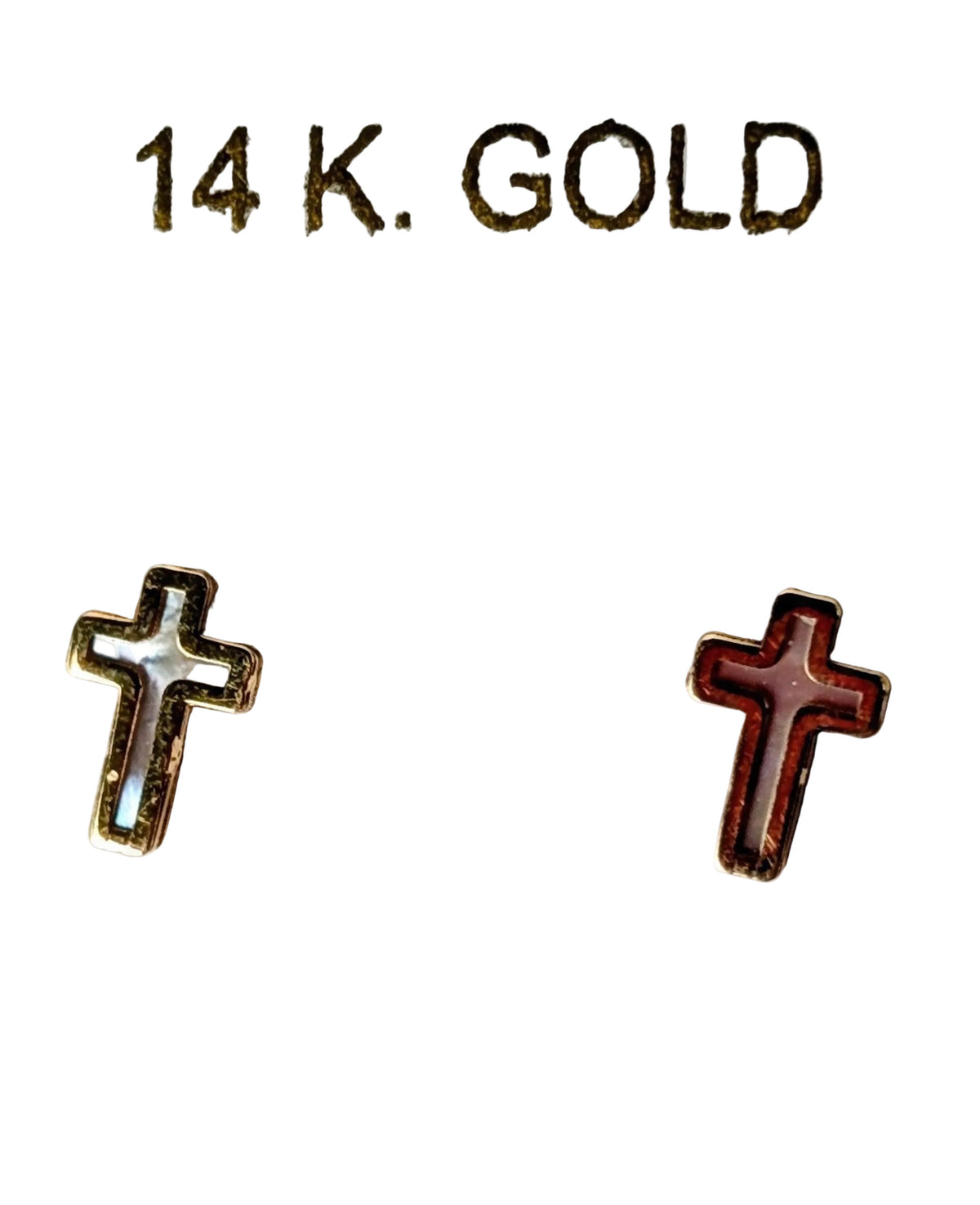 A pair of small cross stud earrings displayed on a white jewelry card labeled '14 K. GOLD'.