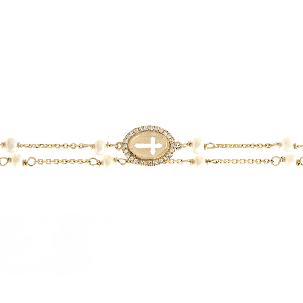 14 KT Diamond rosary pearl and virgin mary bracelet