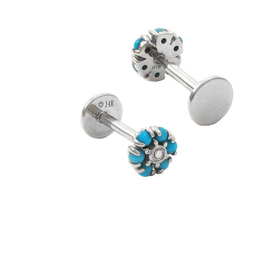14 KT Nap Earrings Flower Turquoise + Diamond Flat Back Earrings (Pair)