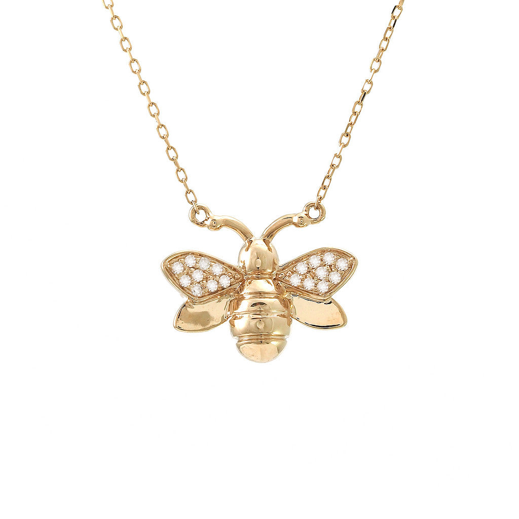 Bumble Bee + diamond wings 14 KT yellow gold necklace