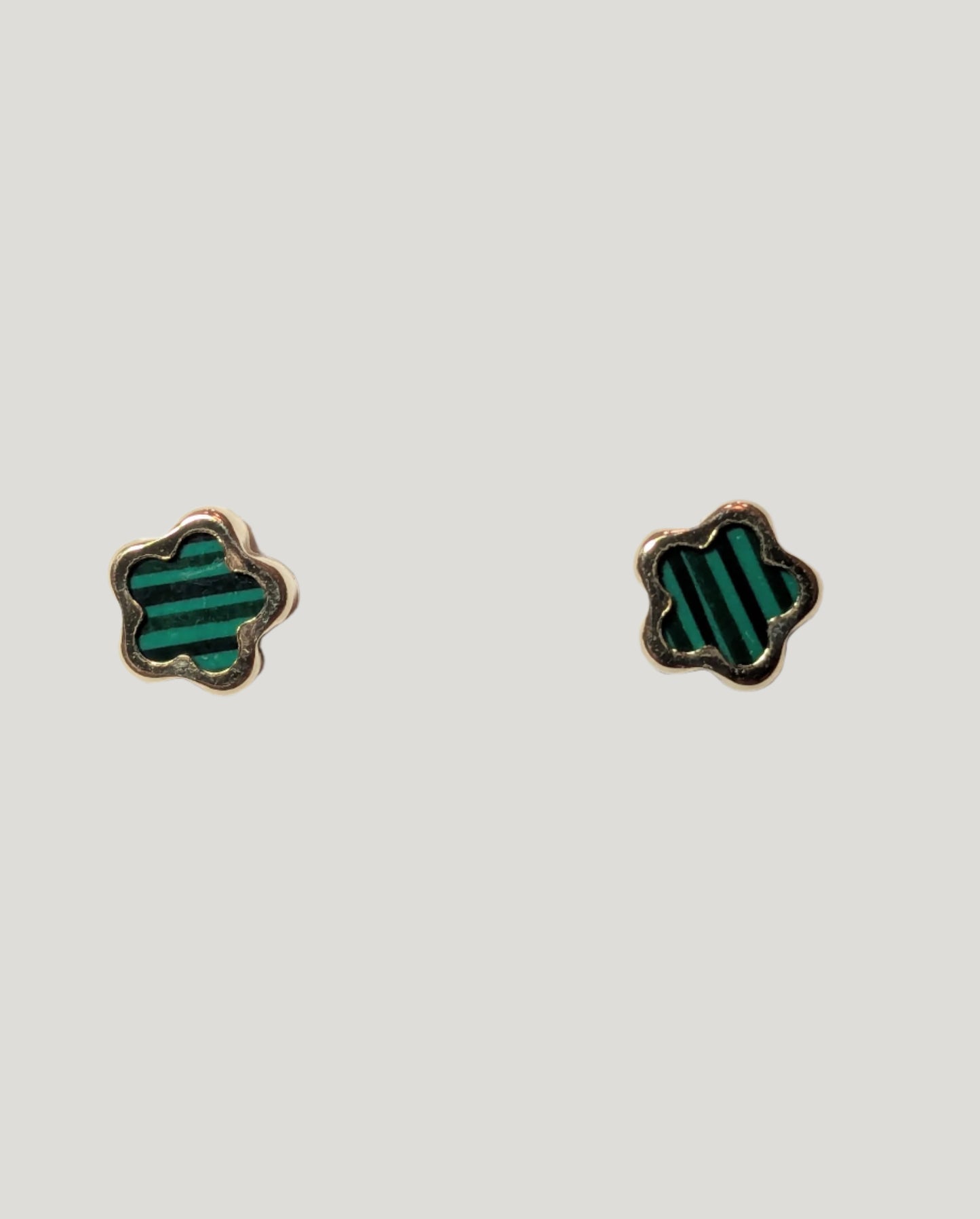 14 KT Children's 5 Petal flower Malachite green screw back earrings