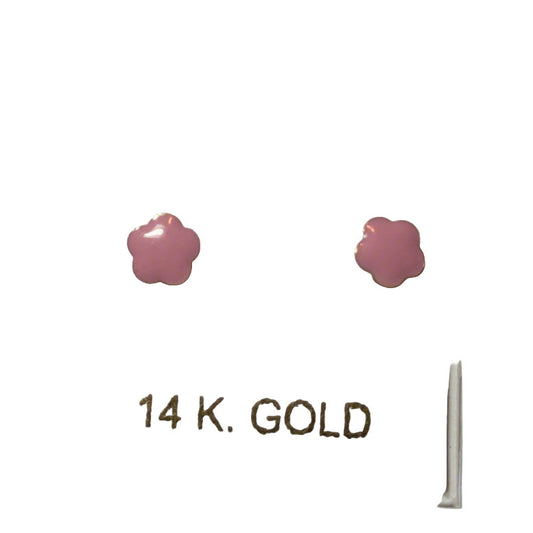Pink flower-shaped earrings on a white card labeled '14 K. Gold'.