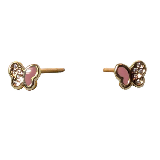 Butterfly-shaped earrings with pink centers and gold accents on a white background