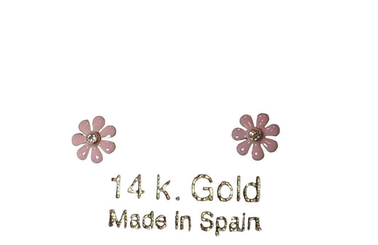 14 KT Pink Enamel Daisy with cz center stone screw back earrings