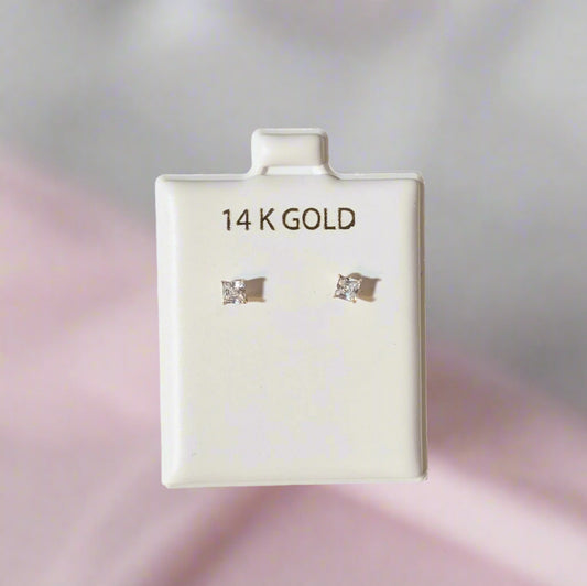 Square cut cz 3mm. 14 KT gold silicone back earrings