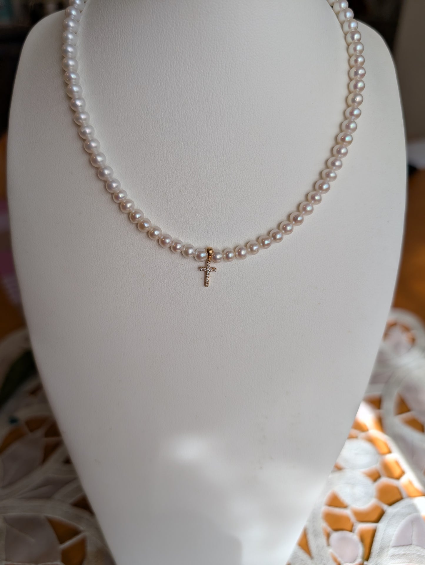 14 KT Children's Diamond Cross on pearl necklace 14 inch
