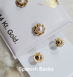 14 KT Polished twisted braided trim around center pearl size 5mm. width.  Post with screw backs.  Spanish backs. Made in Spain. Gift box included with purchase.