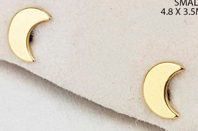 14 KT Crescent moon yellow or white gold earrings.  Thin or standard size. Clutch backs. Gift box included. Made in Vietnam.