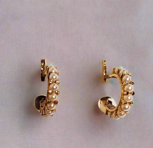 Seed prong set demi hoops with post and locking hinged backs. 14 KT solid gold.