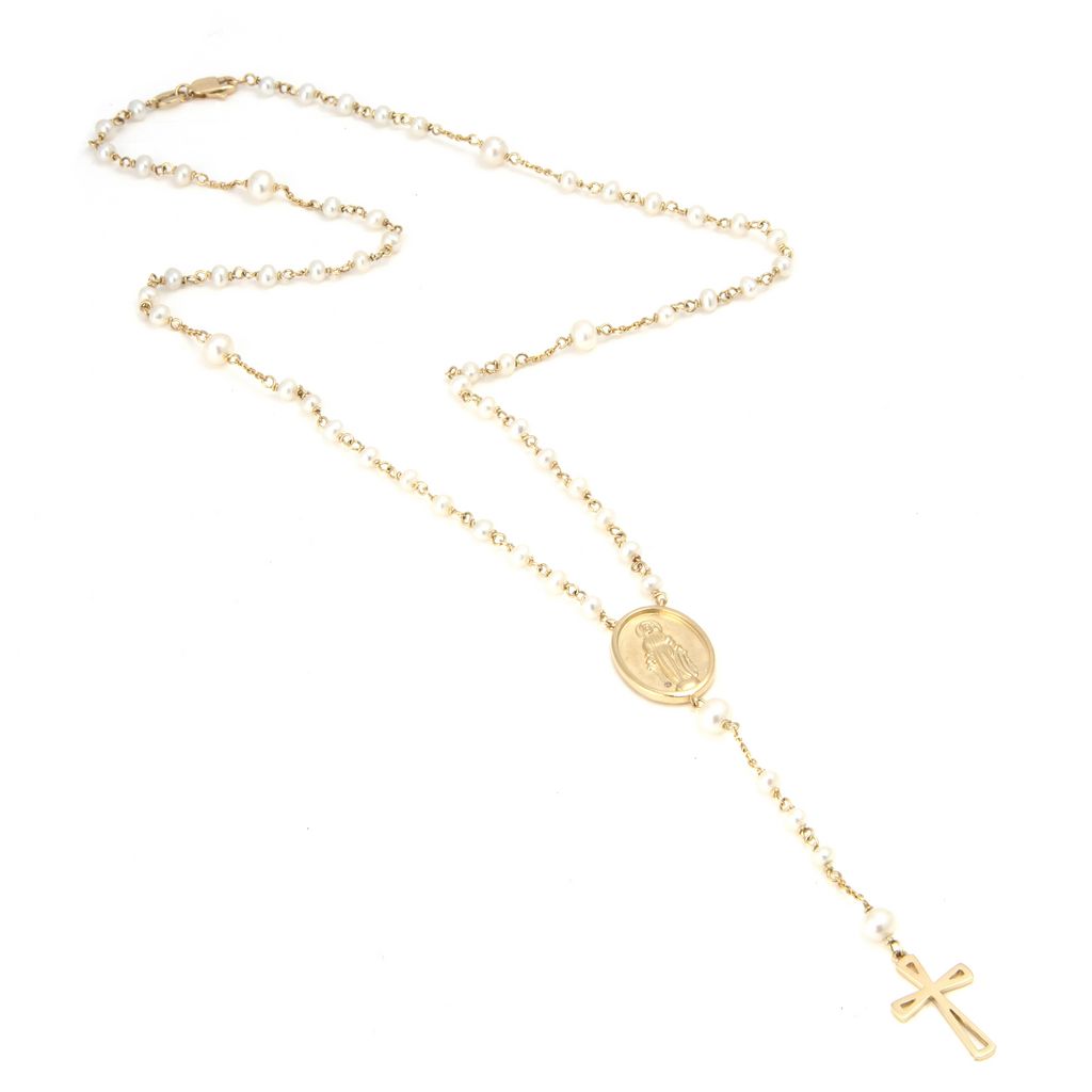 14 KT Pearl and Solid gold rosary necklace. Lobster clasp.