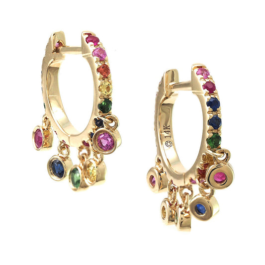14KT Rainbow Bezels Multi Precious Stone Huggie Earrings