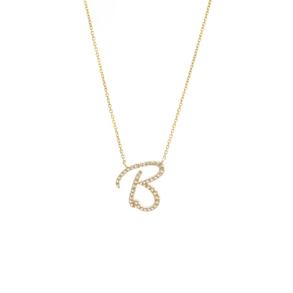 14 KT Script Diamond Letter Necklace A-Z .15 ct genuine diamonds average length 16 adjusts up to 18 inches. Letter height average 18mm. Gift boxed. made in Hong Kong. In stock now.