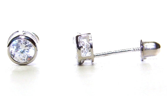 14 KT Children's White gold CZ Bezel screw back earrings