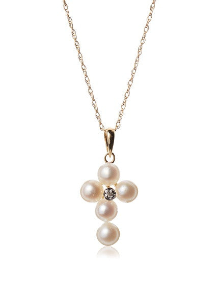 14 KT Children's Diamond Pearl gold cross pendant