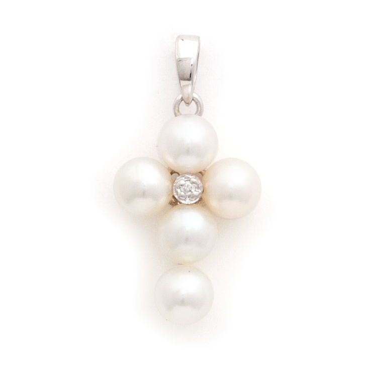 14 KT Children's Diamond Pearl gold cross pendant