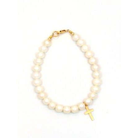 Baby Girl's Children's Fine 14 KT Gold Cross Genuine Pearl Bracelet
