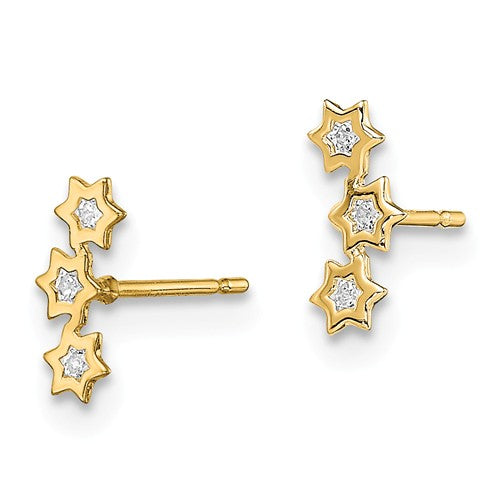 14 KT Children's triple gold stars with cz post clutch back earrings. 7mm.