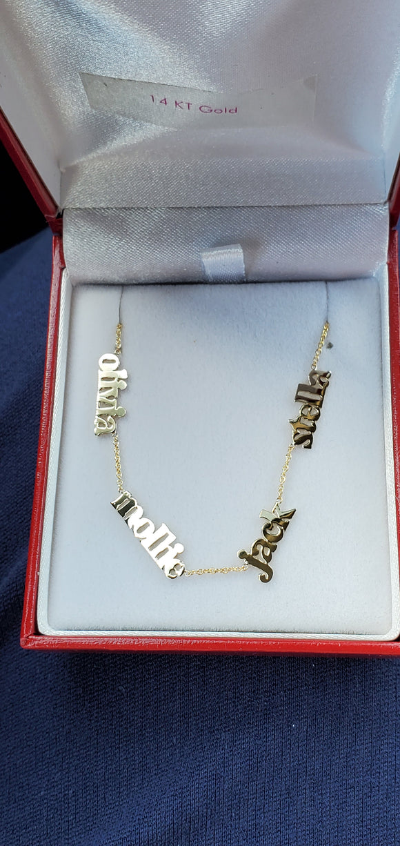 14 KT Multiple Name plate necklace up to 6 names. 5mm. or small height 1inch width.  length varies with two loops to adjust. Gift box with purchase. 