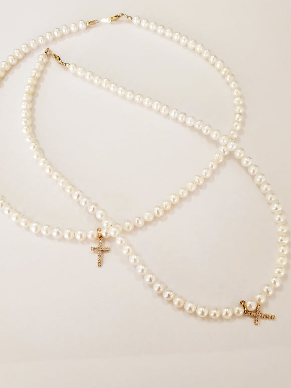 14 KT Diamond cross on pearls