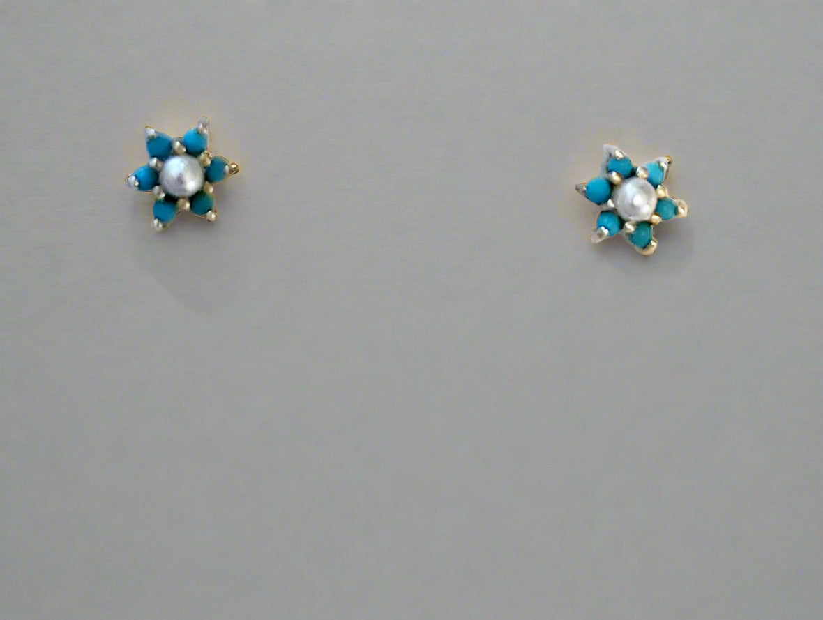 A pair of children's turquoise and pearl flower earrings with gold posts and screw backs, displayed against a white background.