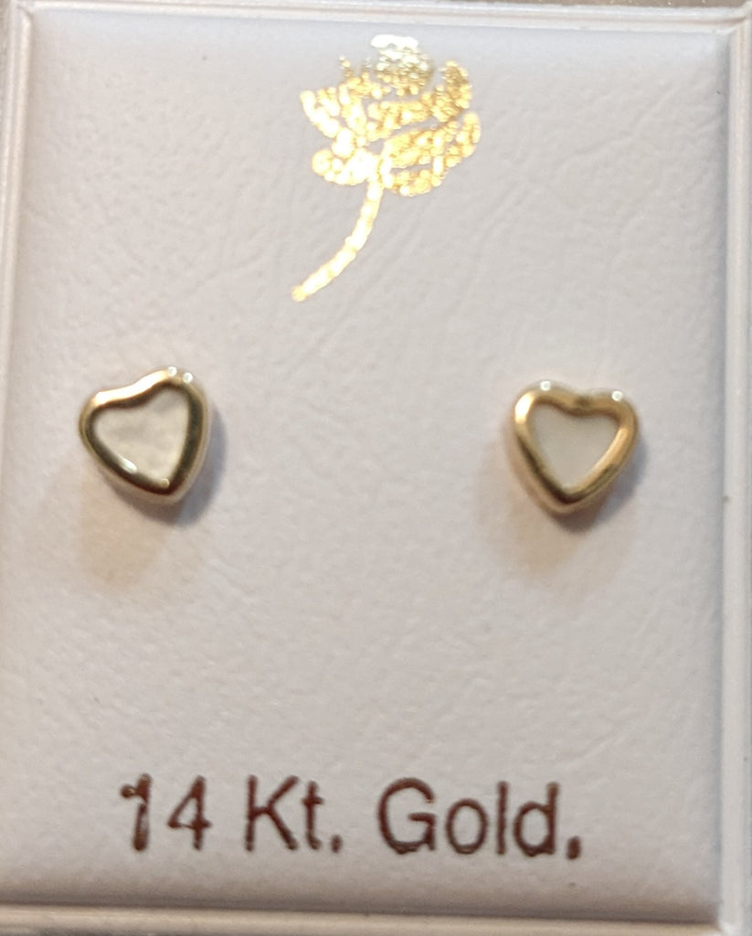 14k Yellow Gold Mother of Pearl Little Heart Screw Back Stud Earrings  Babies Toddlers