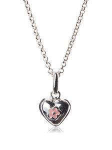 Sterling Deluxe Solid hearts with floral pink center design.  Drops are perfectly sized for ages 3+. Post and clutch backs.  Rhodium dipped over sterling prevents tarnish. If worn in the pool or ocean rinse in clear water.  Dry thoroughly and do not store in suede. 