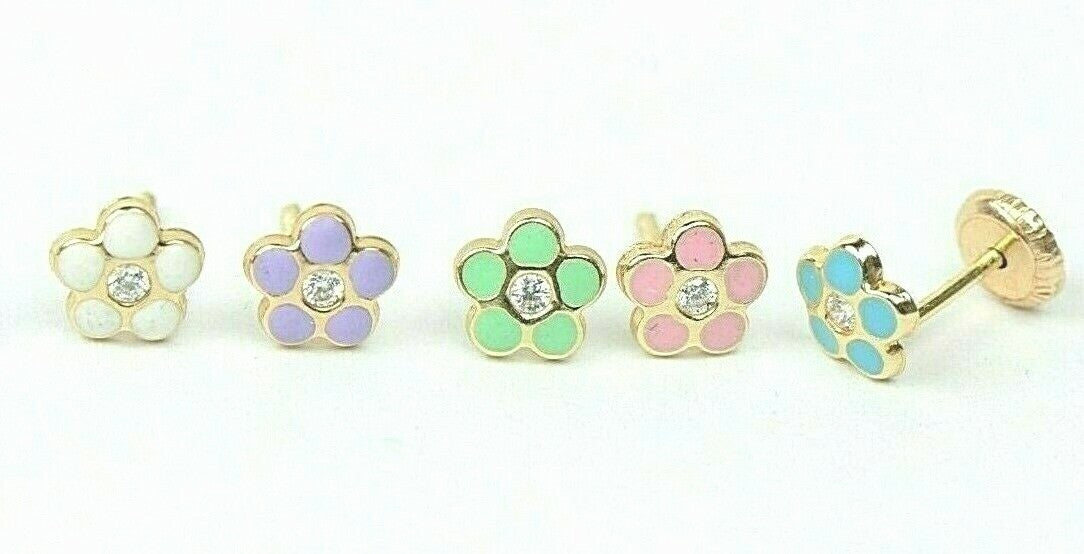 14 KT Enamel flower with cz. screw back earrings