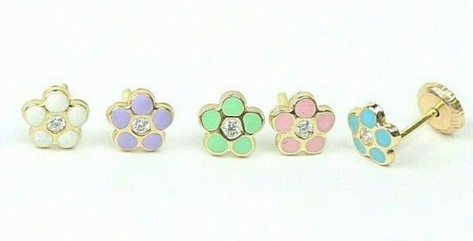 14 KT Enamel flower with cz. screw back earrings