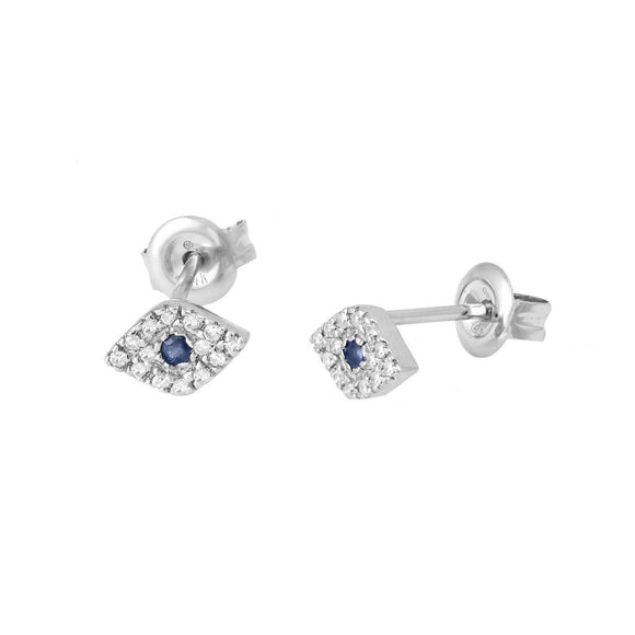 14 KT White gold petite diamond evil eye earrings with sapphire center stone clutch backs