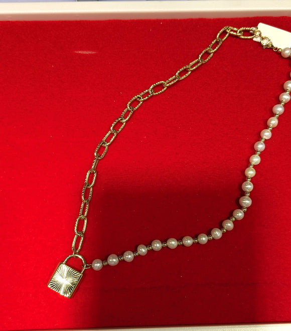 14 KT Half Pearl Barbie Padlock Necklace