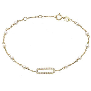 14 KT Pearl Stations and Diamond Paperclip Link Bracelet