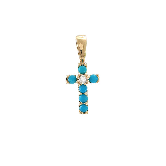 14 KT Teen Turquoise and diamond cross Pendant with 16 inch chain
