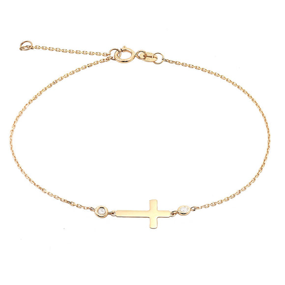 14 KT gold Diamond bezel cross bracelet size 6 inches with additional .5 inch extender + #2 .5 inch extender for a total length of 7 inches. Made in Hong Kong. Gift boxed. 