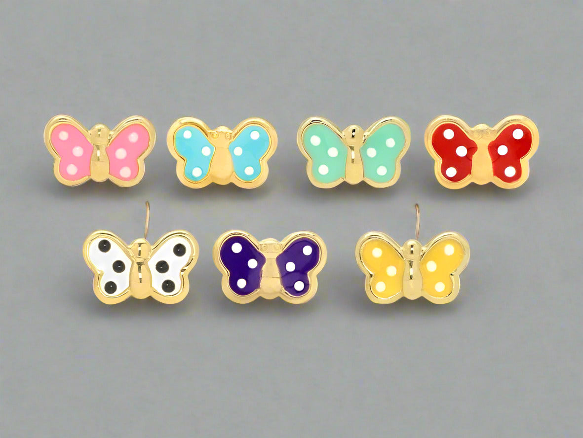 Set of colorful butterfly-shaped earrings on a white background