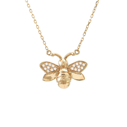 Bumble Bee + diamond wings 14 KT yellow gold necklace