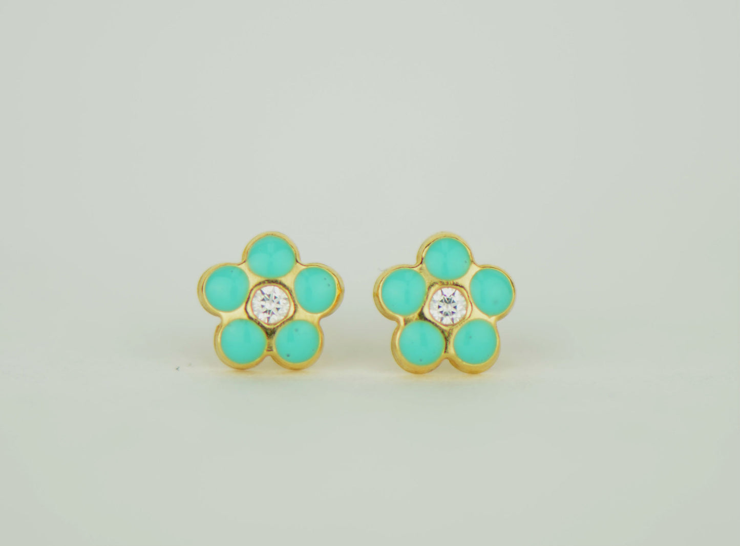 14 KT Enamel flower with cz. screw back earrings