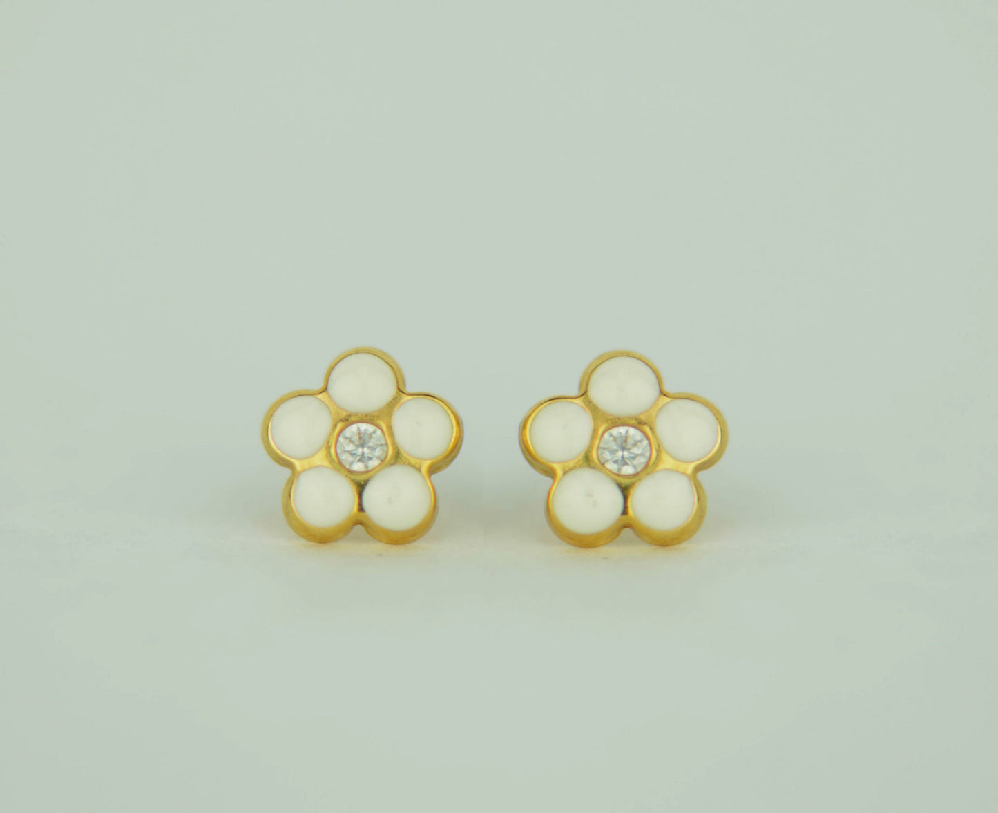 14 KT Enamel flower with cz. screw back earrings