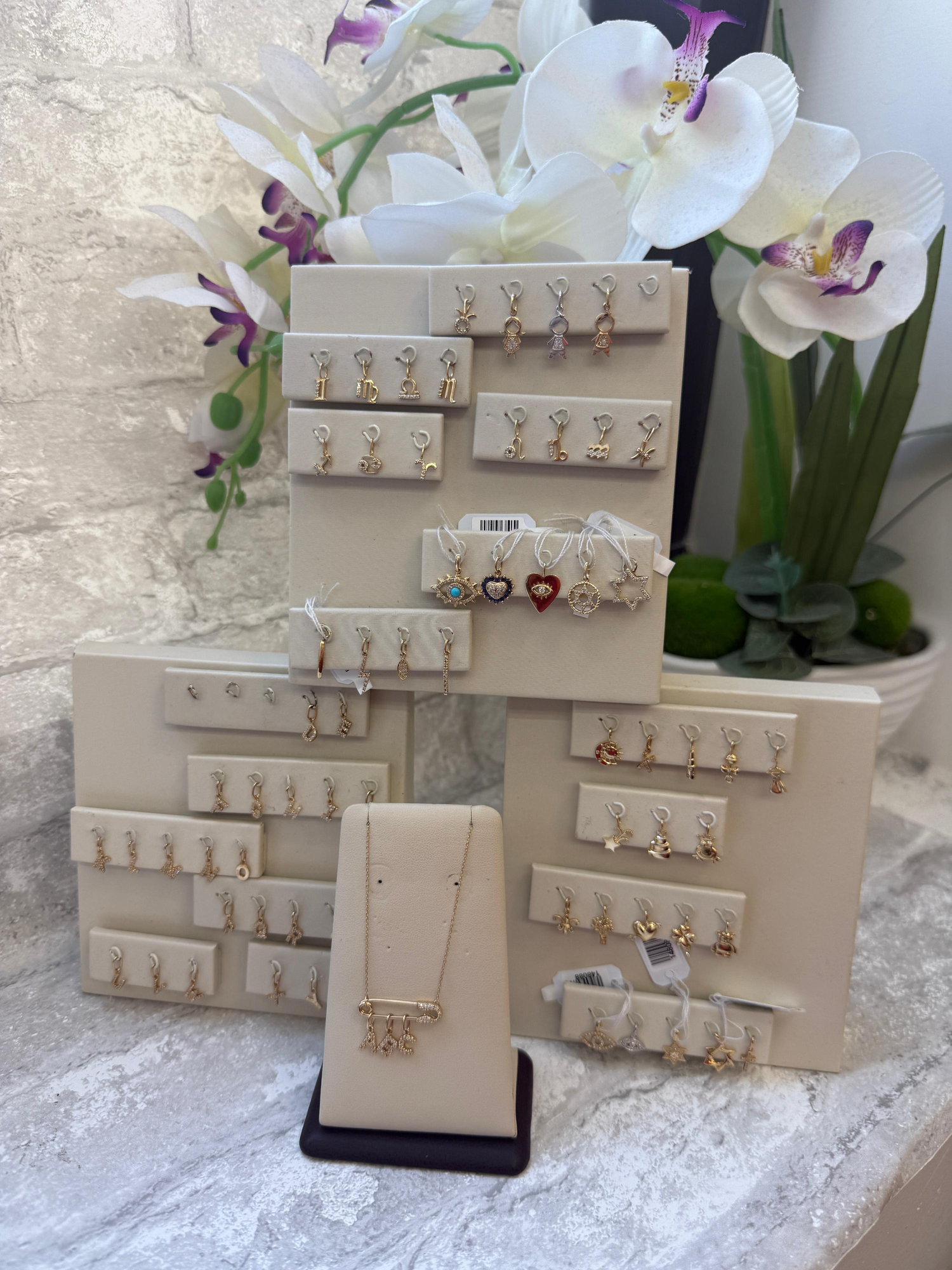 Assorted letters zodiac and themed charms with safety pin necklace