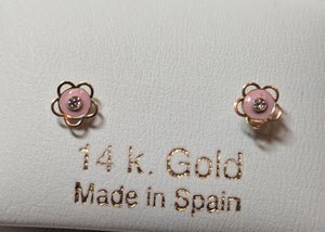14 KT Enamel pink 5 petal open flower screw back earrings