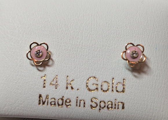 14 KT Enamel pink 5 petal open flower screw back earrings