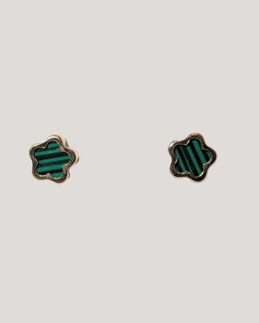 14 KT Children's 5 Petal flower Malachite green screw back earrings