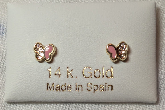 14 KT Enamel pink Butterfly screw back earrings