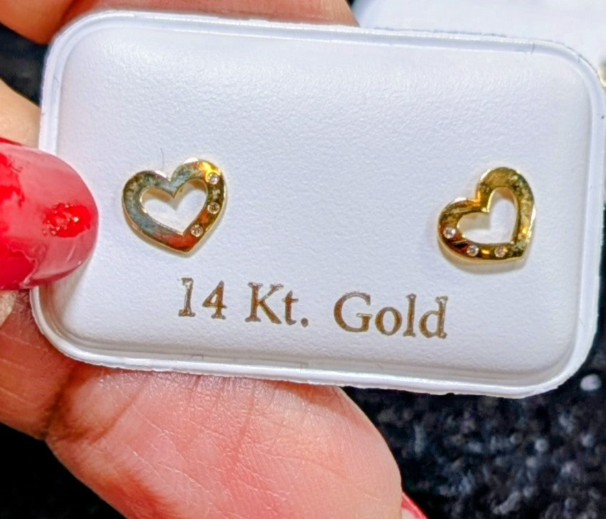 14 KT Open heart cz accent screw back earrings