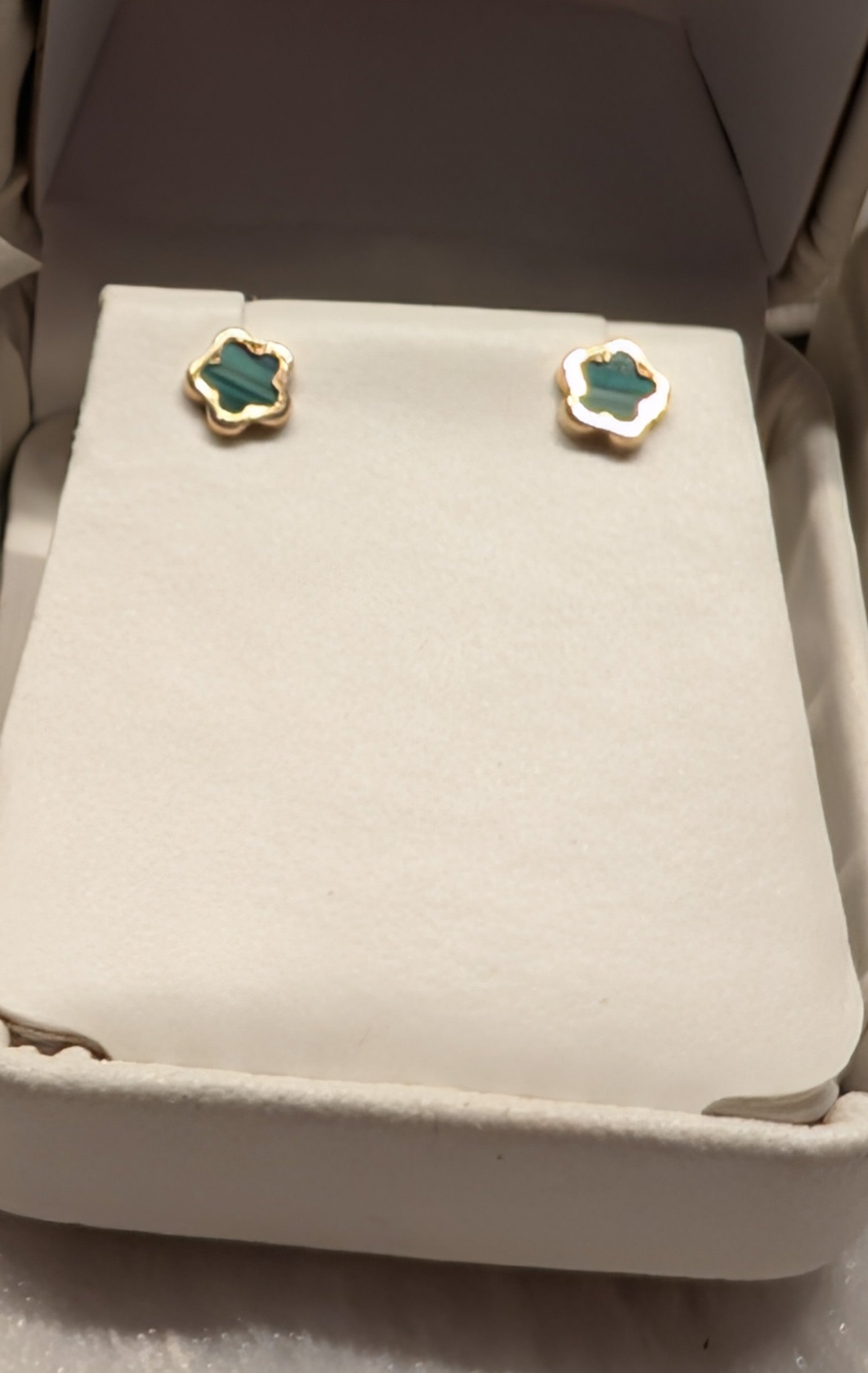 14 KT Faux Malachite flower screw back earrings