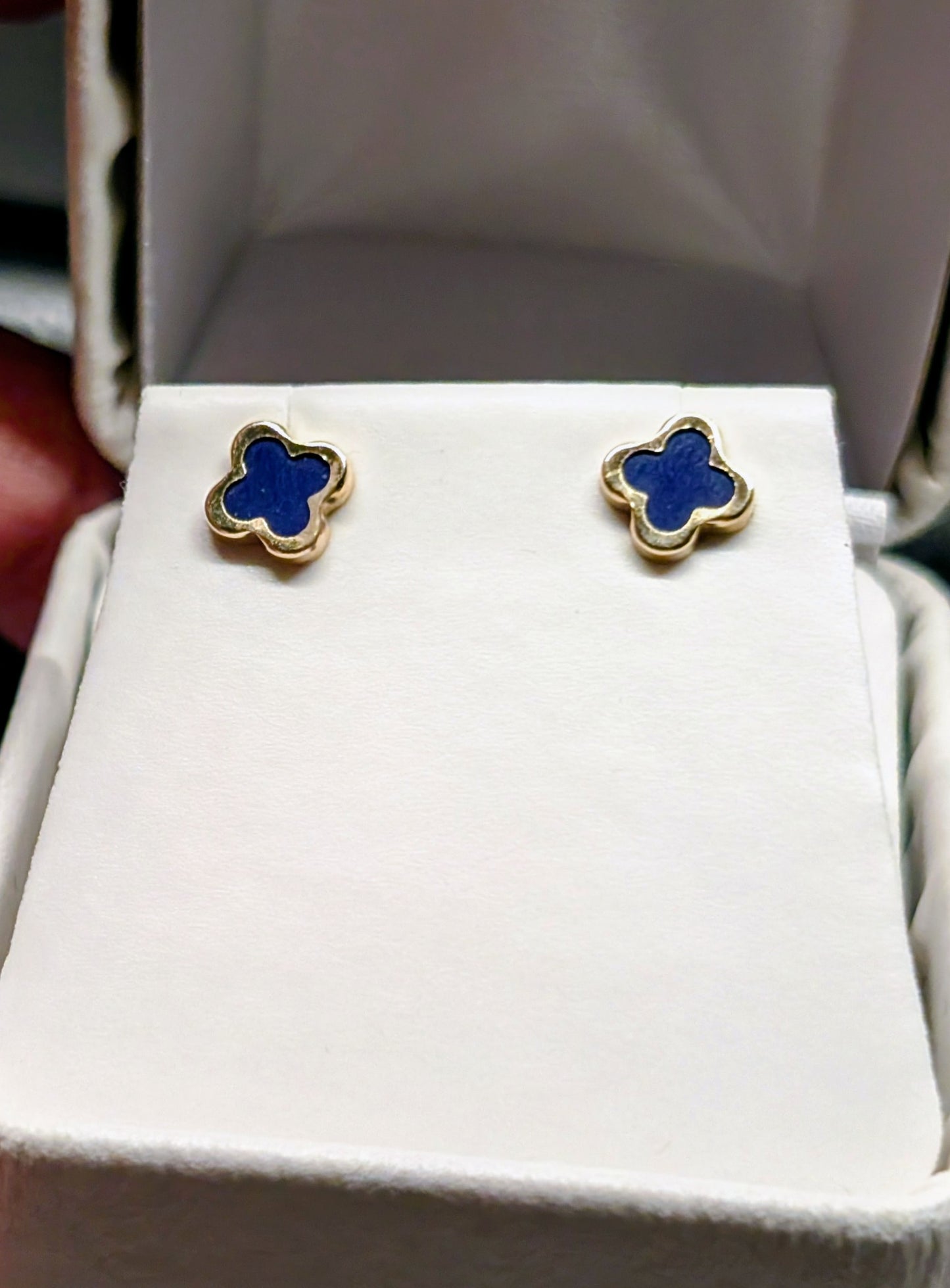 Navy Blue Clover 14 KT screw back earrings