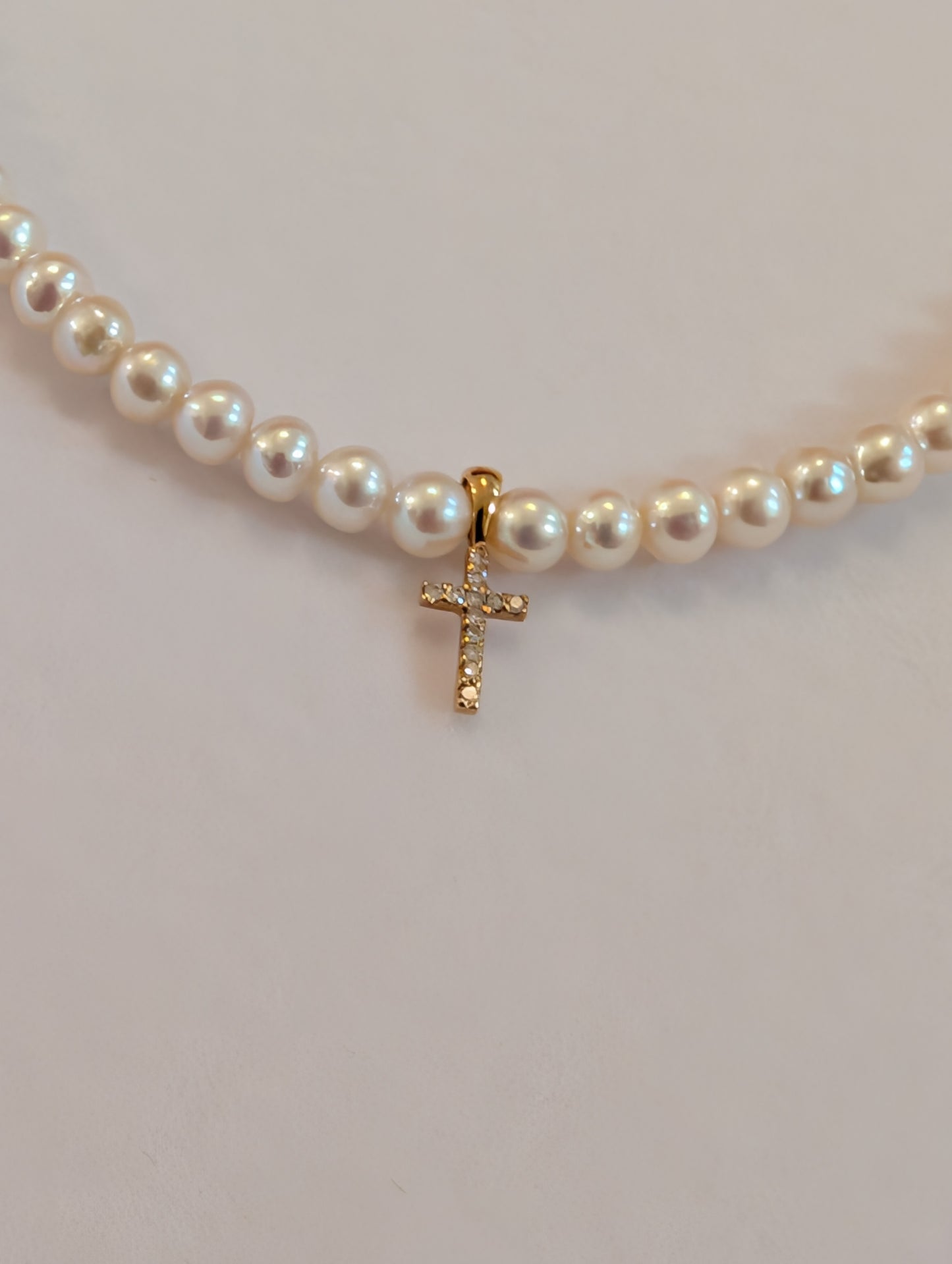 14 KT Children's Diamond Cross on pearl necklace 14 inch